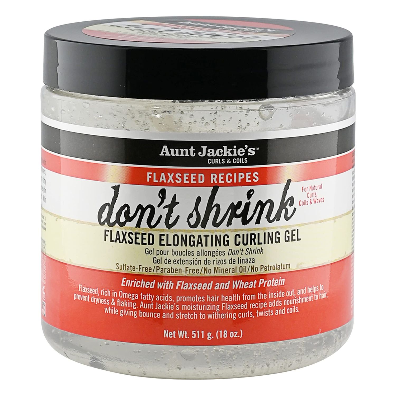 Aunt Jackie&#39;s Flaxseed Recipes Don&#39;t Shrink Elongating Hair Curling Gel for Natural Curls, Coils and Waves, Helps Prevent Dryness and Flaking, 18 oz