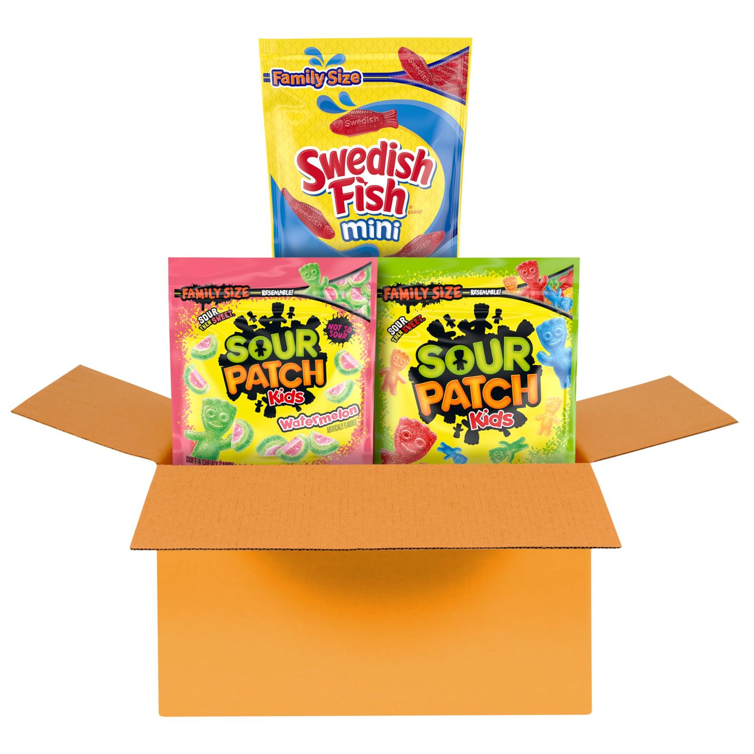 SOUR PATCH KIDS Original, SOUR PATCH KIDS Watermelon, and SWEDISH FISH Mini Soft Chewy Candy Variety Pack, Family Size, Bulk Candy, 3-1.8 lb Bags