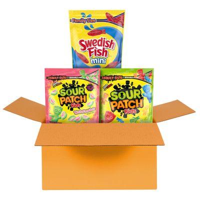 SOUR PATCH KIDS Original, SOUR PATCH KIDS Watermelon, and SWEDISH FISH Mini Soft Chewy Candy Variety Pack, Family Size, Bulk Candy, 3-1.8 lb Bags