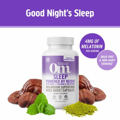 OM MUSHROOM SUPERFOOD Sleep Mushroom Capsules Superfood Supplement, 90 Count, 30 Days, Reishi, GABA, L-Theanine, Melatonin for Rest Sleep Quality Superfood Supplement
