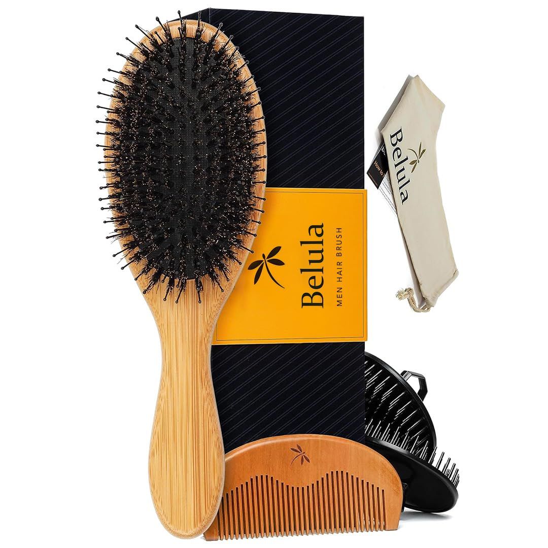 Belula Men&#39;s Hair Grooming Set: Boar Bristle Brush, Nylon Pin Brush, Wooden Comb, and Travel Bag for Styling