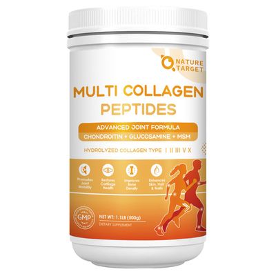 NATURE TARGET Multi-Collagen-Peptides-Powder for Joint Support, Hydrolyzed Collagen for Women Men with MSM GC, Type I II III V X Collagen for Skin Hair Nail, Non-GMO, 50 Servings