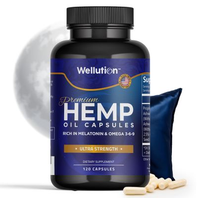 WELLUTION Hemp Oil Capsules - 120 Count - Stress Sleep Support with Ashwagandha Melatonin - Made in USA