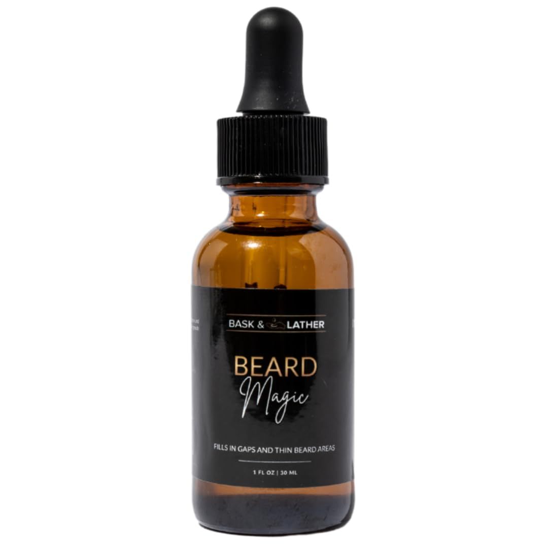 BASK LATHER Beard Magic Growth Oil for Men, Helps Stimulate Hair Growth and Softness, Natural Oil For Bald Spots and Patchy or Thin Facial Hair, Supports a Thicker Fuller Beard, 1 fl oz