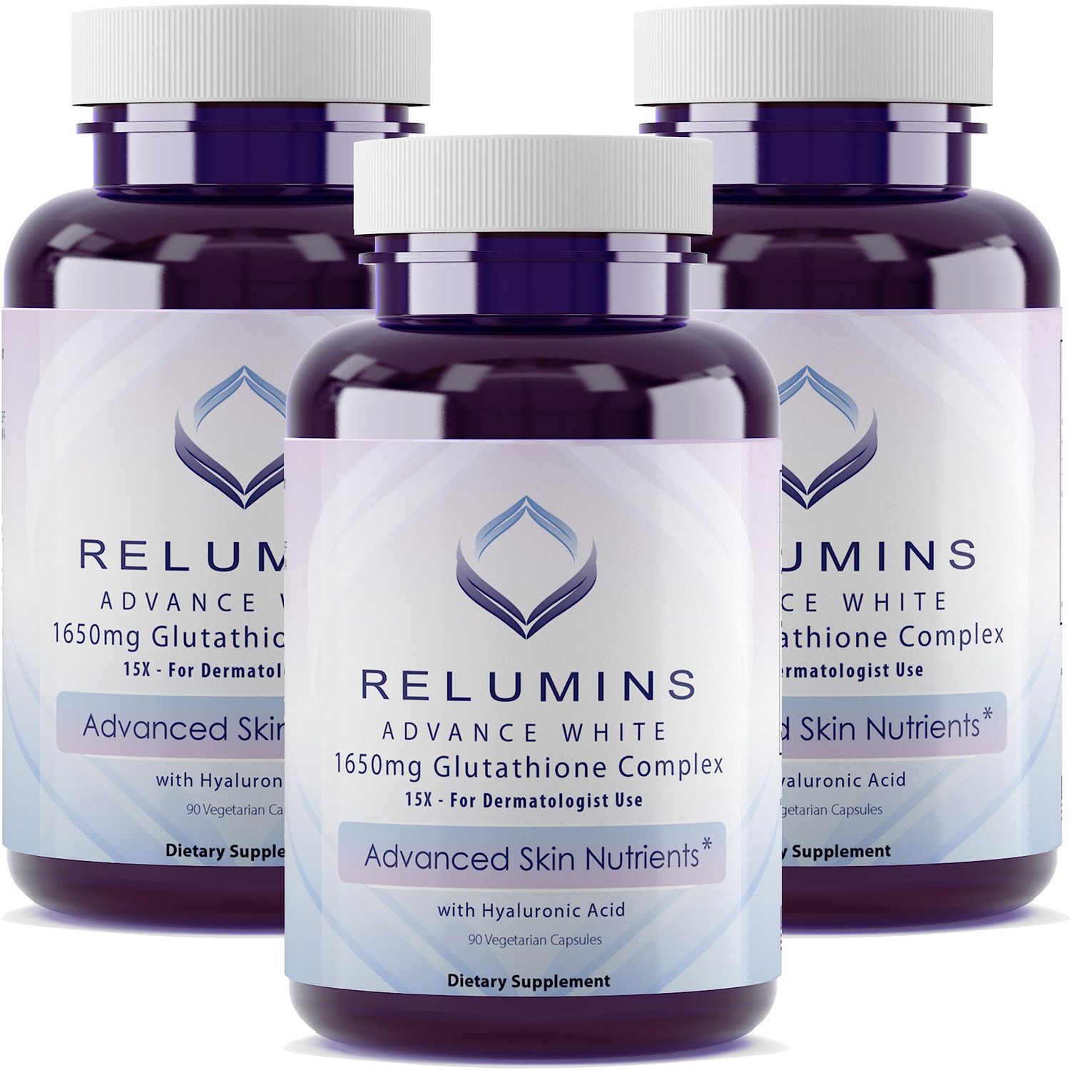 Relumins 1650mg L-Glutathione Complex with Hyaluronic Acid, Alpha Lipoic Acid, Rose HIPS, Vitamin E Riboflavin - Antioxidant Support, Skin Hydration Wellness - 90 Veggie Capsules x 3 Bottles