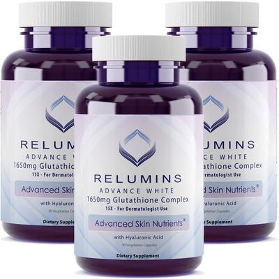 Relumins 1650mg L-Glutathione Complex with Hyaluronic Acid, Alpha Lipoic Acid, Rose HIPS, Vitamin E Riboflavin - Antioxidant Support, Skin Hydration Wellness - 90 Veggie Capsules x 3 Bottles