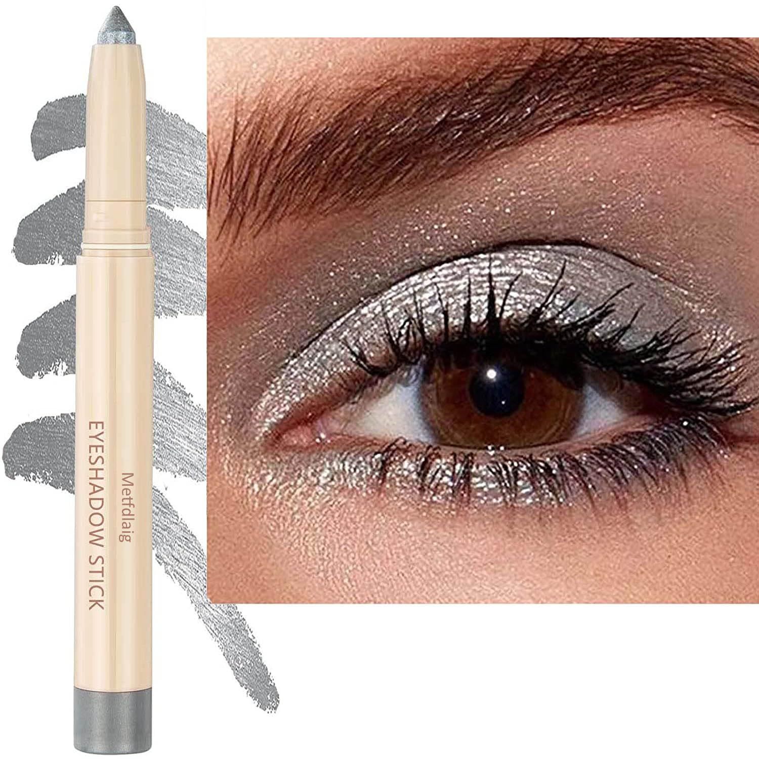 Silver Grey Cream Glitter Shimmer Eyeshadow Pencil, Waterproof Long Lasting Eye Shadow Stick High Pigment Hypoallergenic Highlighter Stick Create Multi-Dimensional Eyes Look 11