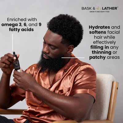 BASK LATHER Beard Magic Growth Oil for Men, Helps Stimulate Hair Growth and Softness, Natural Oil For Bald Spots and Patchy or Thin Facial Hair, Supports a Thicker Fuller Beard, 1 fl oz