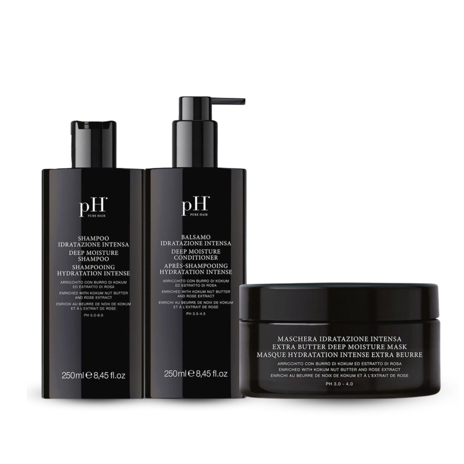 pH PURE HAIR Deep Moisture Set - Deep Moisture Shampoo (8.4 Oz) and Conditioner (8.4 Oz) Set with Extra Butter Hair Mask (6.7 Oz) for Damaged Dry Hair - 3 Piece Kit