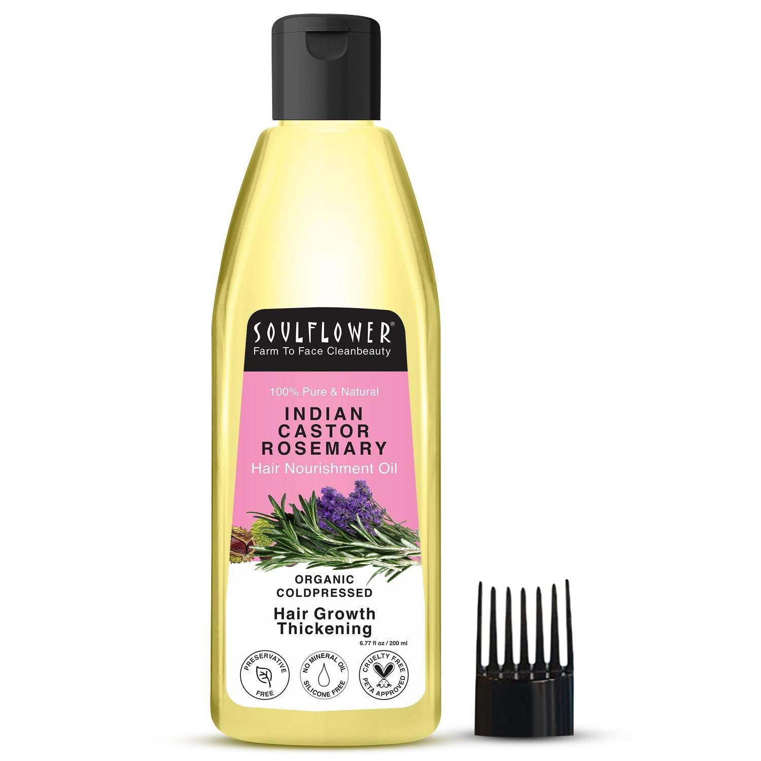 Soulflower Castor Rosemary Oil for Hair Growth, Hairfall Control, For Dry, Damaged, Curly, Coily, Frizzy Beard Hair - 100 Pure, Vegan, Organic Certified, 6.77 fl oz