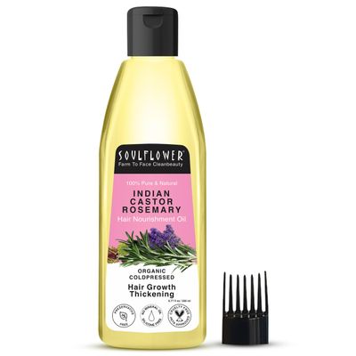 Soulflower Castor Rosemary Oil for Hair Growth, Hairfall Control, For Dry, Damaged, Curly, Coily, Frizzy Beard Hair - 100 Pure, Vegan, Organic Certified, 6.77 fl oz