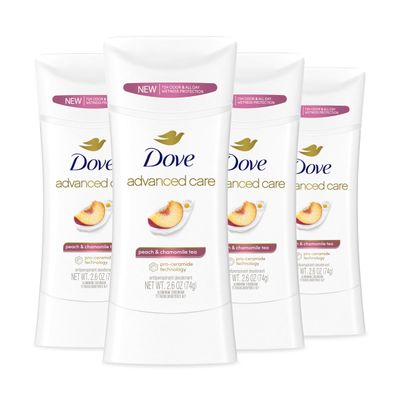 Dove Advanced Care Antiperspirant Deodorant Stick Peach Chamomile Tea 4 Count for helping your skin barrier repair after shaving 72 hour odor control and all-day sweat protection 2.6 oz