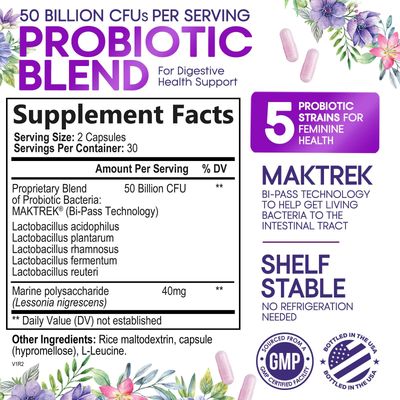 Probiotics for Women 50 Billion CFU - Digestive Health, Vaginal pH Immune Support, Prebiotics Cranberry, Gut Health Urinary Support, 5 Strains, Shelf Stable Women's Probiotic - 60 Capsules