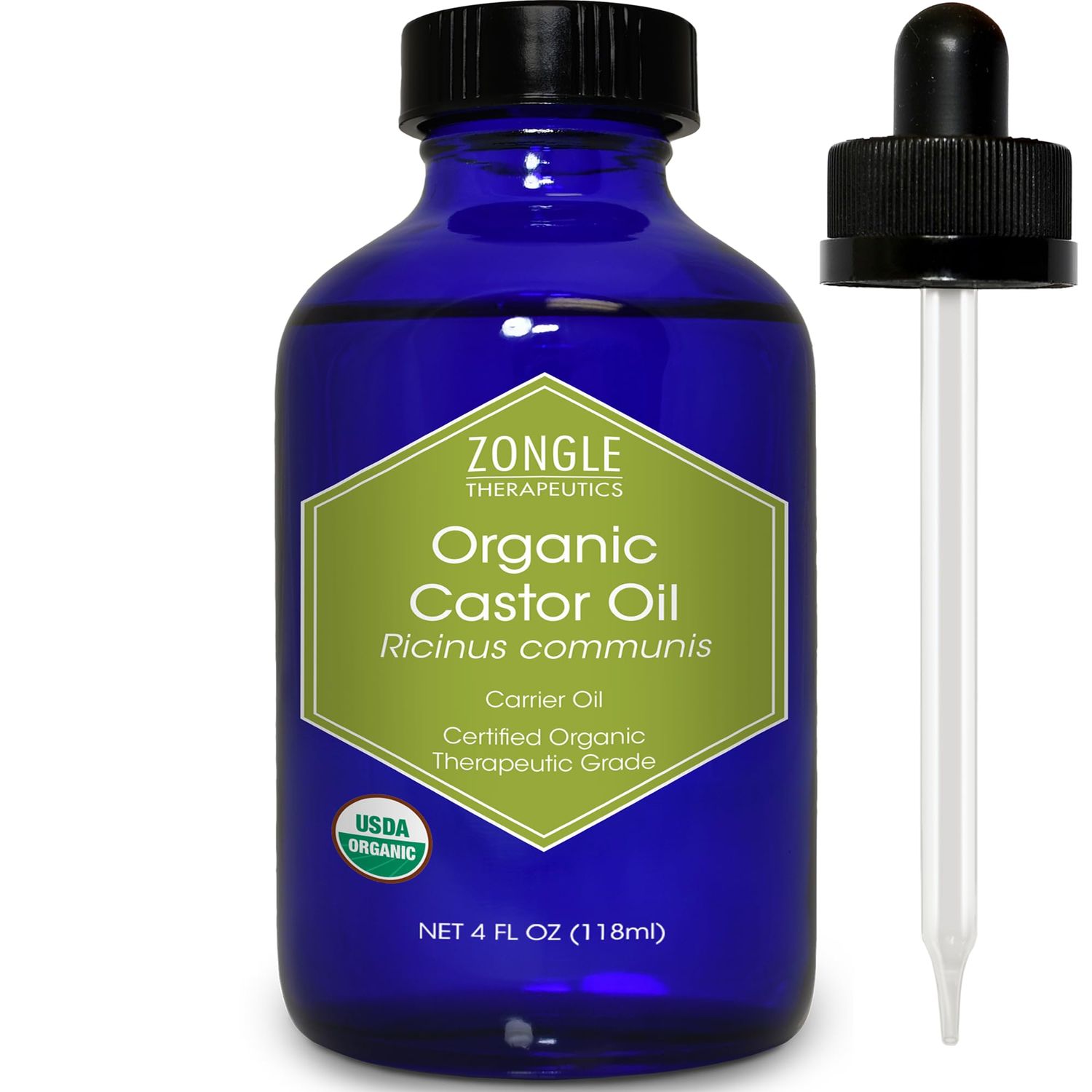Organic, Castor Oil, Therapeutic Grade, for Constipation - 100 Pure, Castor Oil, Cold Pressed, Unrefined, in Glass Bottle, for Face, Hair Growth, Eyelashes, by Zongle Therapeutics, 4 OZ