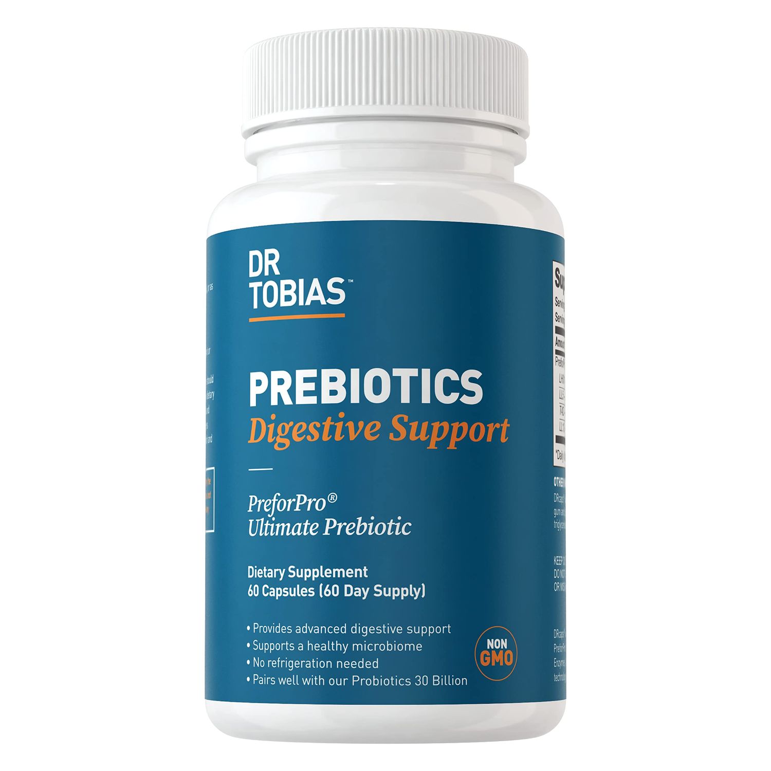 Dr. Tobias Prebiotics Digestive Support, Advanced Prebiotic Supplement for Gut Health, Immune Function Boost for Probiotics for Women Men, Vegan, Non-GMO, 60 Capsules, 60 Servings