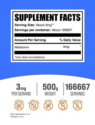 BulkSupplements.com Melatonin Powder - Sleep Supplement, Melatonin for Adults, Melatonin 3 mg - Vegan Melatonin, Pure Gluten Free, 3mg per Serving, 500g (1.1 lbs) (Pack of 1)