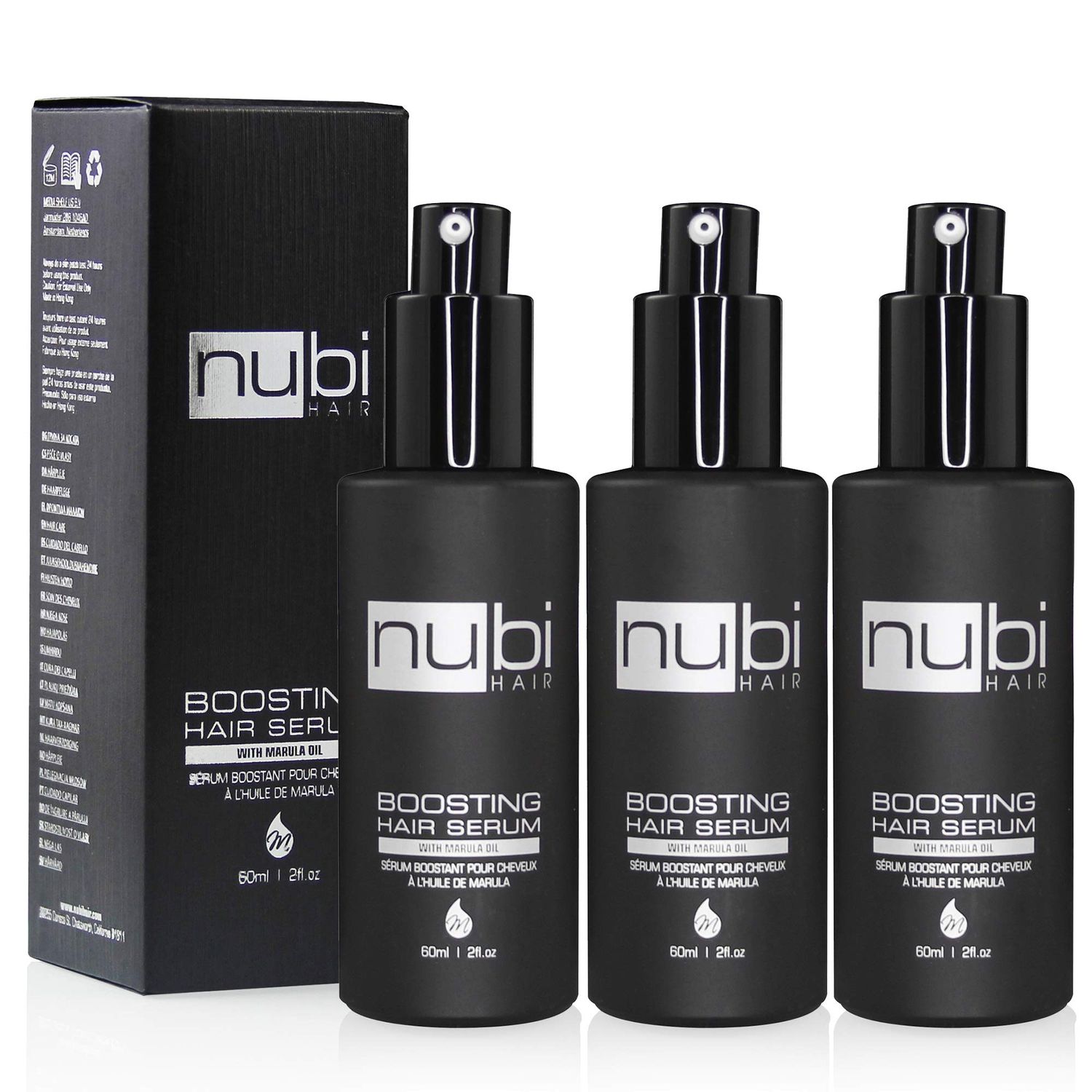 Nubi Hair Silky Smooth Hair Serum for All Hair Types, Contains Marula Oil, Aloe Vera and Vitamin E, Non-Greasy Formula, Boosts Shine and Promotes Hair Growth, 2 Fl. Oz. 60 Ml. (3 Pack)
