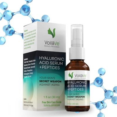 VoilaVe Hyaluronic Acid Serum for Face - 100 Pure, Hydrating Anti-Aging Formula with Collagen Peptides - Plumps, Moisturizes, Reduces Wrinkles Dark Spots - Non-Greasy, Paraben-Free, 1 fl. oz