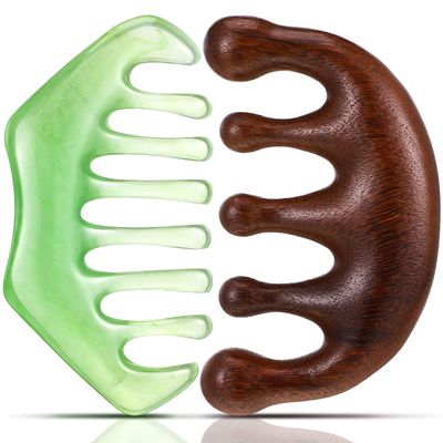 Reallnaive 2 Pcs Gua Sha Comb Jade Combs Head Scalp Tool Wooden Scalp Massager Hairbrush Massage Tool Guasha Scraping Accessories for Hair Care Facial Relaxation(Classic Style, wood Plastic)