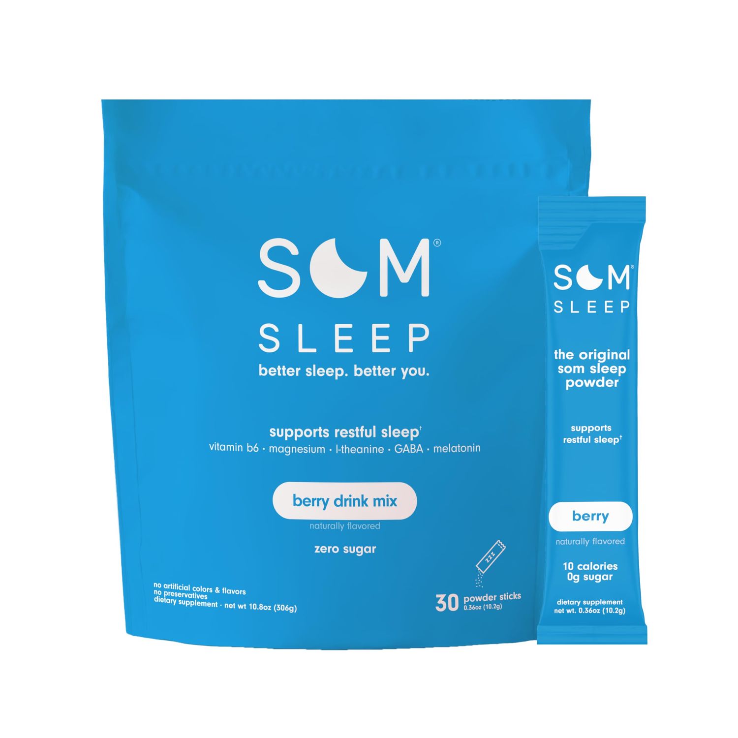 Som Sleep, Calm Sleep Powder Drink Mix, 3mg Melatonin, Magnesium, Vitamin B6, L-Theanine GABA - Vegan, Keto Friendly - Zero Sugar Berry, 30-Pack
