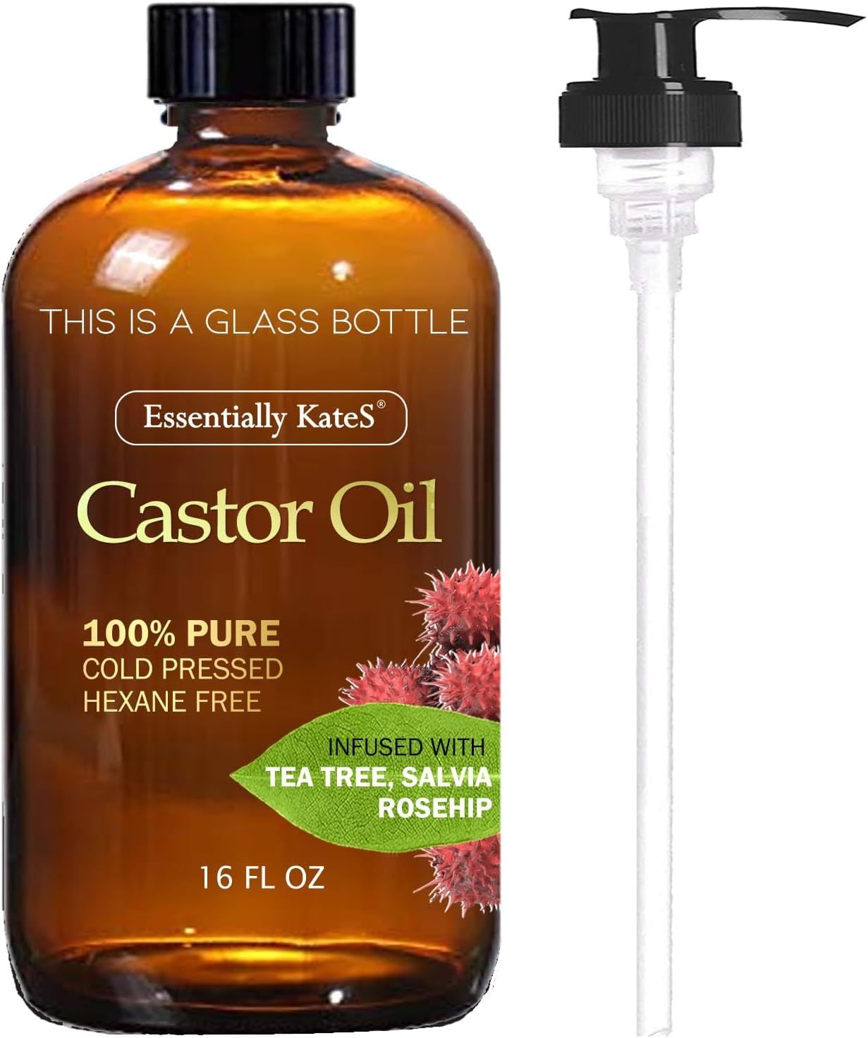 Castor Oil 16 Fl Oz (Glass Bottle) - Tea Tree Salvia Rosehip - A Huge Glass Bottle with a Pump - 100 Pure and Natural, Cold Pressed, and Hexane-Free - Hair and Body