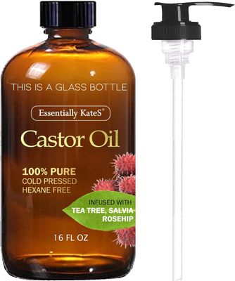 Castor Oil 16 Fl Oz (Glass Bottle) - Tea Tree Salvia Rosehip - A Huge Glass Bottle with a Pump - 100 Pure and Natural, Cold Pressed, and Hexane-Free - Hair and Body