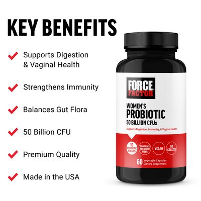 FORCE FACTOR Probiotic for Women 50 Billion CFU, Womens Probiotic for Digestive Health, Immunity, and Vaginal Health, 10 Strains with Lactobacillus Acidophilus, Vegan, 60 Capsules