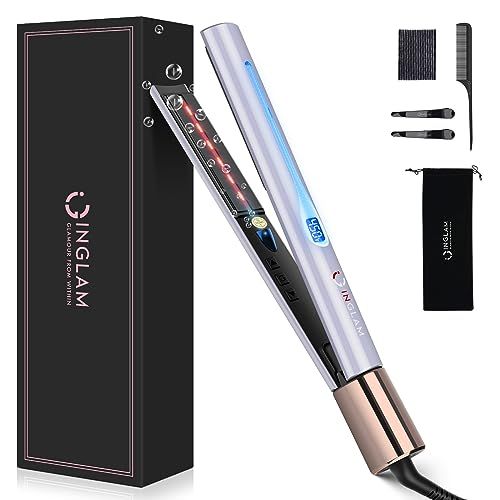 IG INGLAM Titanium Flat Iron Hair Straightener, Curling Iron 1 Inch, Infrared Negative Ionic Hair Straightener 11 Adjust Temp 250F to 450F, Shiny Hair Dual Voltage 110-240V, Gift, Purple