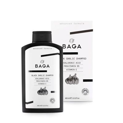 BAGA Black Garlic Shampoo - 13.52 fl oz (400 ml), Enriched with Hyaluronic Acid, Pro-Vitamin B5, and Vitamin E for Strengthening and Nourishing Hair