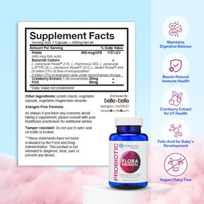 bellebella Probiology Flora Prenatal Capsules - Dual Action Probiotic Prebiotic Supplement with Folic Acid for Prenatal Postnatal Women - Non-GMO, Vegan Gluten Free - 30 Caps