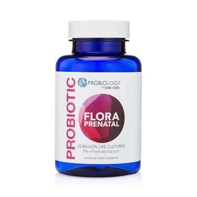 bellebella Probiology Flora Prenatal Capsules - Dual Action Probiotic Prebiotic Supplement with Folic Acid for Prenatal Postnatal Women - Non-GMO, Vegan Gluten Free - 30 Caps