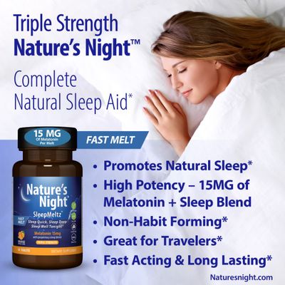 Nature's Night Triple Strength Quick Dissolve Melatonin 15mg with Supportive Blend Natural Orange Flavor 90 Count Sugar Free, Vegan, Non-GMO, Drug Free
