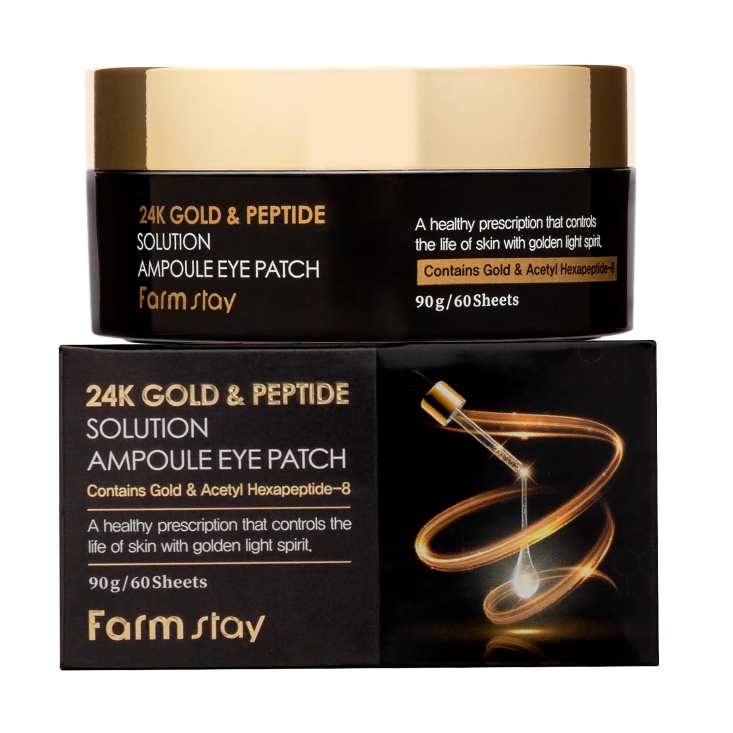 FARMSTAY 24K Gold and Peptide Solution Ampoule Eye Patch - Under Eye Patches for Wrinkles - Improves Skin Elasticity - Brightens Dark Circles - 60 pc