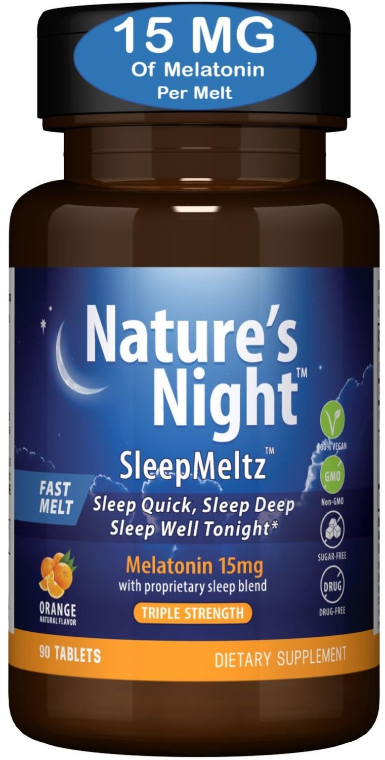Nature&#39;s Night Triple Strength Quick Dissolve Melatonin 15mg with Supportive Blend Natural Orange Flavor 90 Count Sugar Free, Vegan, Non-GMO, Drug Free