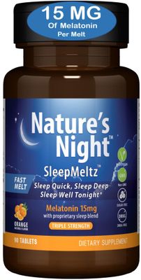 Nature&#39;s Night Triple Strength Quick Dissolve Melatonin 15mg with Supportive Blend Natural Orange Flavor 90 Count Sugar Free, Vegan, Non-GMO, Drug Free