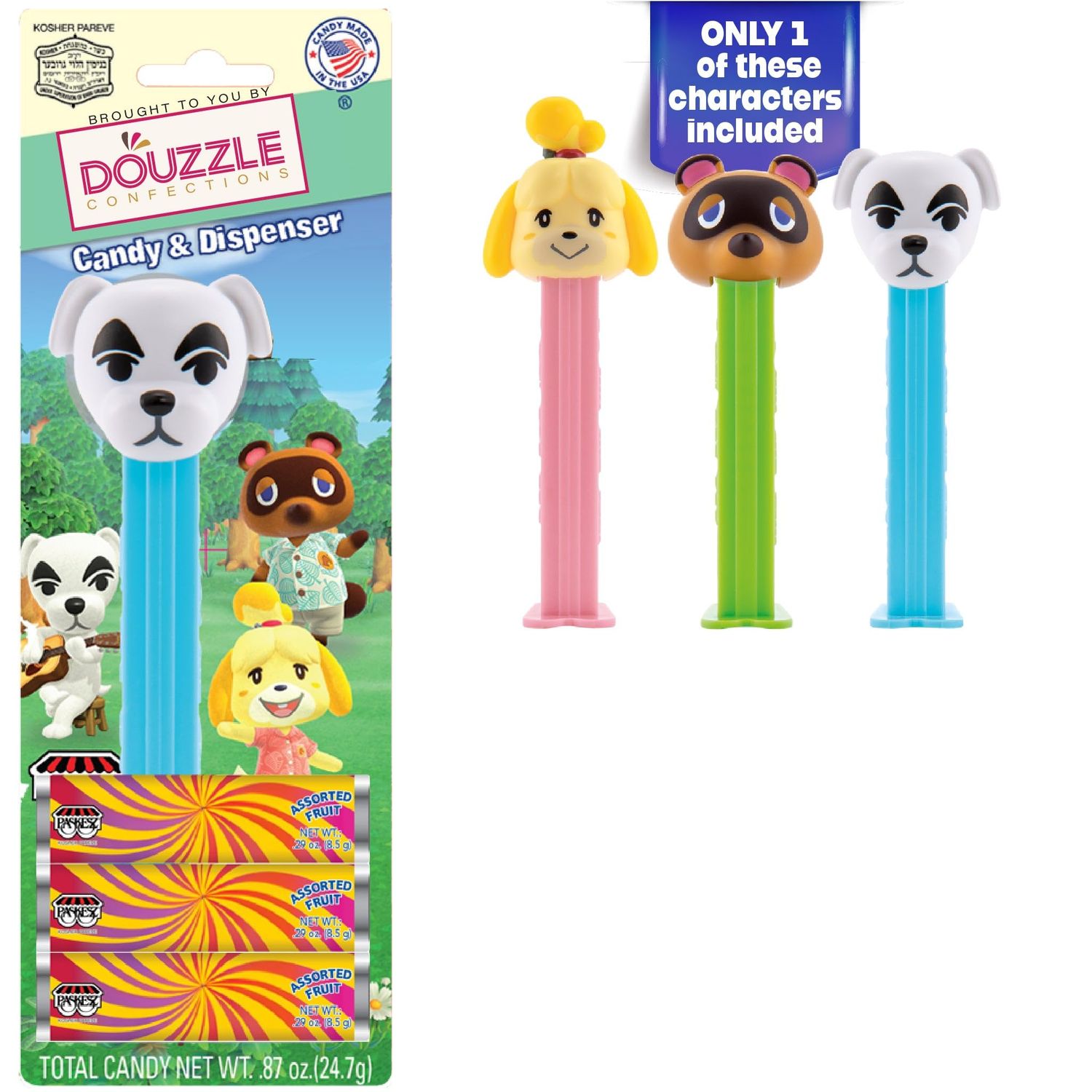 DOUzzle Kosher Pez Candy Animal Crossing Dispenser 3 Assorted Fruit Refills (Pack of 1) Gluten Free, Kosher Parve, USA Made