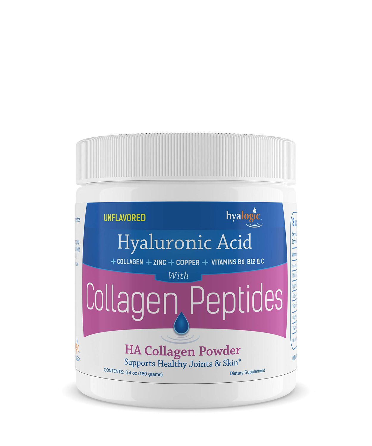 Hyalogic Collagen Peptides Powder wHyaluronic Acid, Hydrolyzed Types 1 3, Grass Fed, Keto Protein Powder Supplement for Hair Growth, Skin, Nails Unflavored Easy to Mix 6.4 oz (180 gr.)