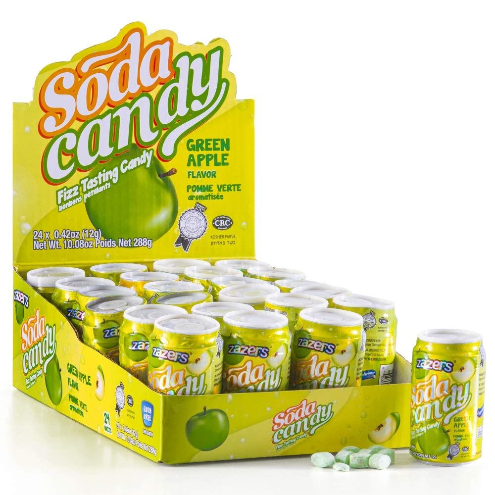 Soda Can Fizzy Candy Gluten Free Green Apple Flavor - Goody Bag Filler - Pinata Surprise - Party Favor - Zazers (0.42 Oz) 24 count