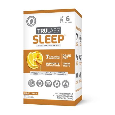 TRULABS Sleep Honey Lemon 6 ct. Sugar Free Sleep Drink. Each Serving Contains: Magnesium, GABA, Passionflower, Valerian Root, Ashwagandha Root Lemon Balm Leaf Extracts, with 3mg Melatonin.