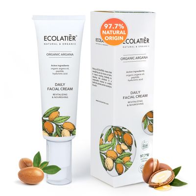 Daily Face Cream with Organic Argan Oil - Revitalizing Nourishing, Moisturizer with Hyaluronic Acid Vitamin E, Vegan, 97.2 Natural Ingredients, 1.7 Fl Oz - ECOLATIER