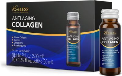 Ageless Ultra Anti Aging Liquid Collagen for Men Women, Marine Collagen, Turmeric, Glutathione, and Rosa Roxburghii, Multi Vitamins, Skincare, Hydrating Revitalizing Formula - 50 ml (10 Count)