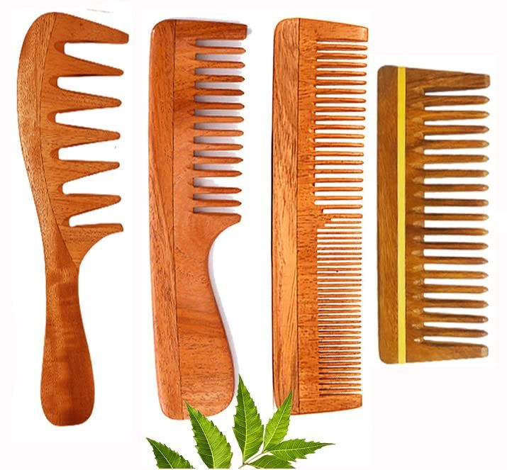 Rufiys Wide Tooth Neem Wooden Comb for Hair Growth Women Men (Combo Pack 4)