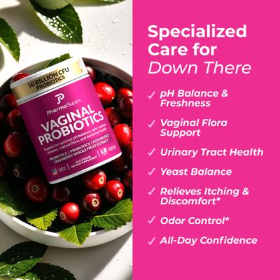 PharmaSupps Womens Probiotic for Vaginal Health 50 Billion CFU with Probiotics, Prebiotic, Postbiotics Cranberry for pH Balance, UTI Support, Yeast, Gut Health, Odor, Dryness Feminine Comfort
