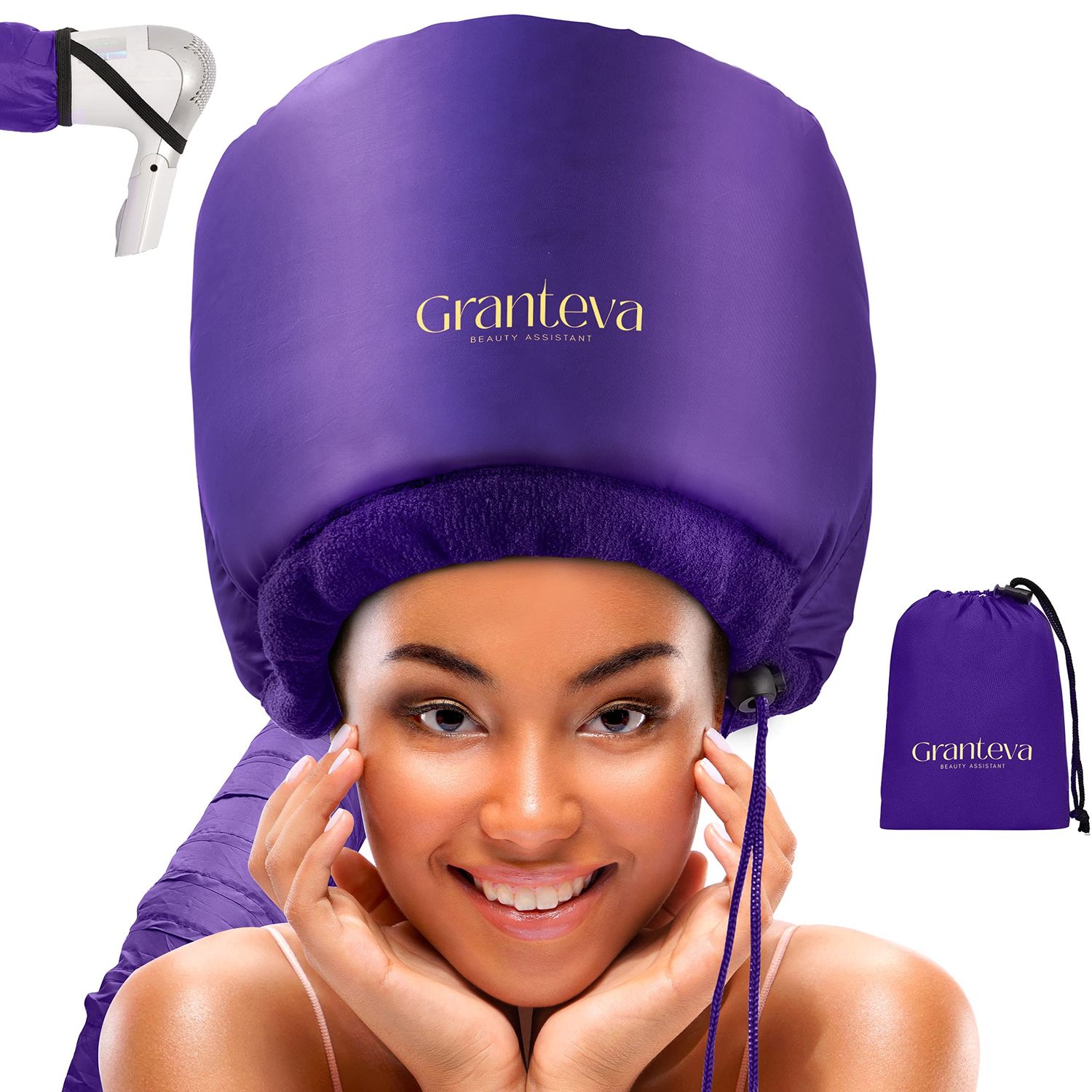 Bonnet Hair Dryer wA Headband Integrated That Reduces Heat Around Ears Neck - Hair Dryer Diffuser Cap for Hair Dryer Curly Hair, Speeds Up Drying Time, Deep Conditioning at Home - Large (Purple)