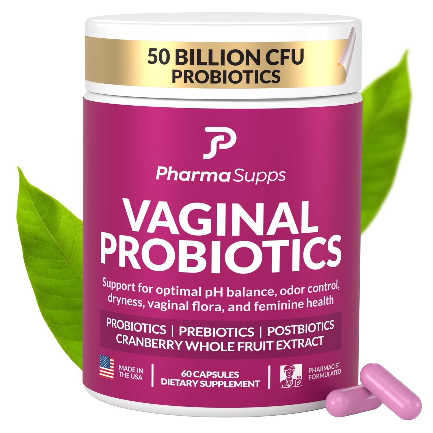 PharmaSupps Womens Probiotic for Vaginal Health 50 Billion CFU with Probiotics, Prebiotic, Postbiotics Cranberry for pH Balance, UTI Support, Yeast, Gut Health, Odor, Dryness Feminine Comfort