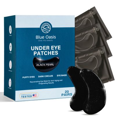 Blue Oasis Under Eye Patches for Puffy Eyes and Dark Circles - 20 Pairs Brightening Black Pearl, Hyaluronic Acid and Collagen Eye Care Gel Pads, Relaxing Self Care and Home Spa Gifts for Women