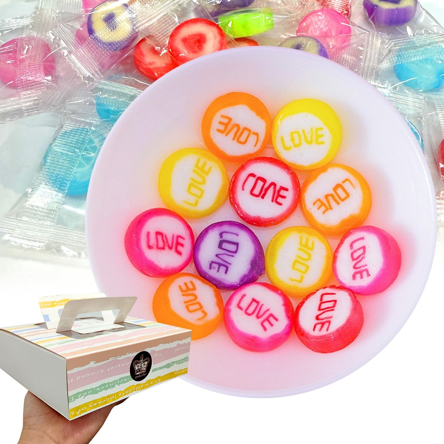 KWOLYKIM Valentine&#39;s Candy 300g10.58oz Hard Candy Bulk Individually Wrapped Multi-color Candies with Love Letter Sweet Hard Candy Great for Party Valentines Office Mother