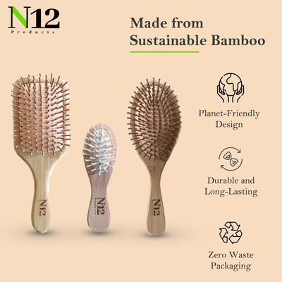N12 Set of 3 Bamboo Wooden hairbrush for Women Men and Kids - Anti-Static Comb for Scalp Massage, Detangling Styling Frizz Control Breakage Reduction, Knot-Free Curly Thick Long Fine Dry Wet Hair