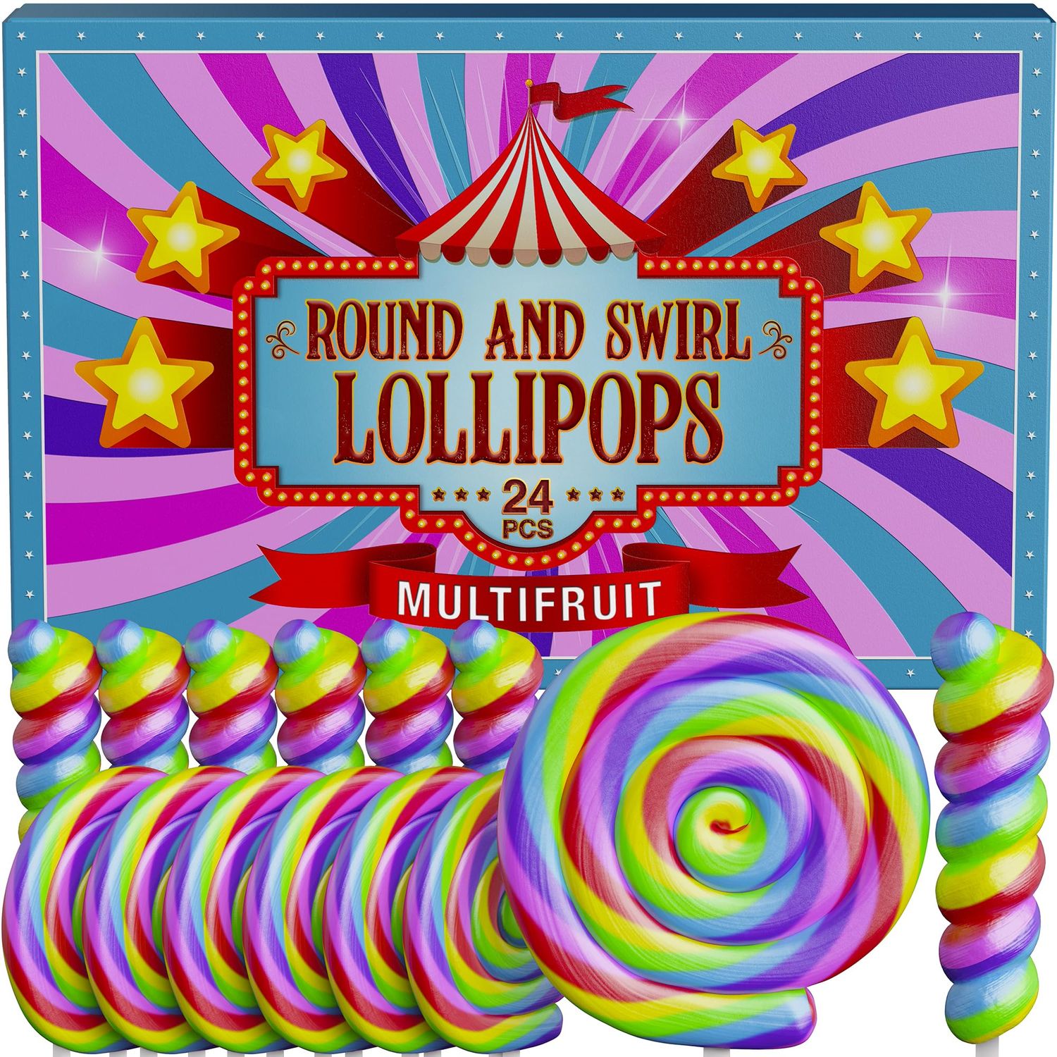 Rainbow Swirl Lollipops Round Lollipops 24pk- Large Individually Wrapped Candy Ideal For Rainbow Party Favors - Twisty Candy Individually Wrapped