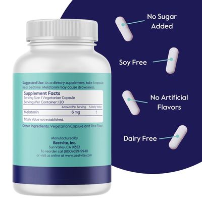 BESTVITE Melatonin 6mg (240 Vegetarian Capsules) (120 x 2) - No Stearates - Vegan - Non GMO - Gluten Free